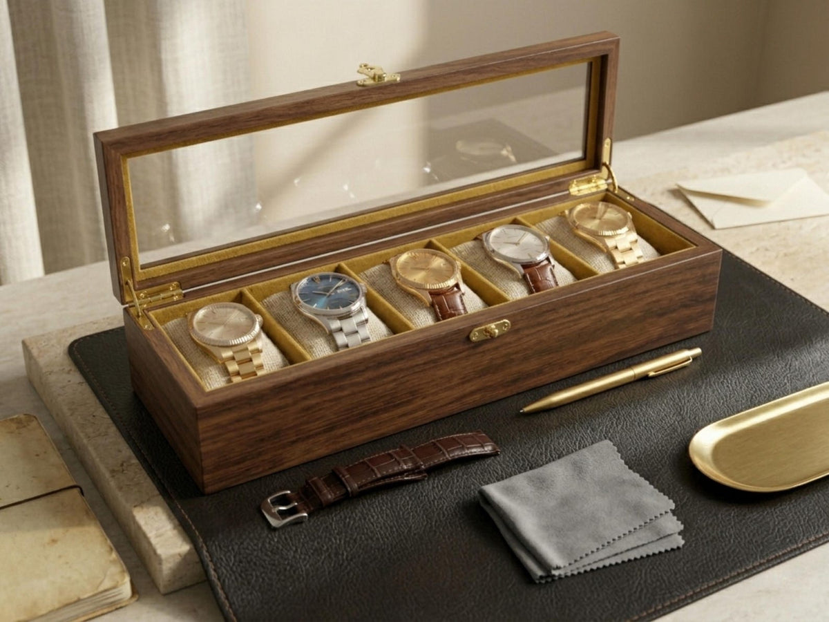 5 Watch Box for Women and Men, Glass Top Display Case, Wooden Watch Holder Storage Organizer Gift