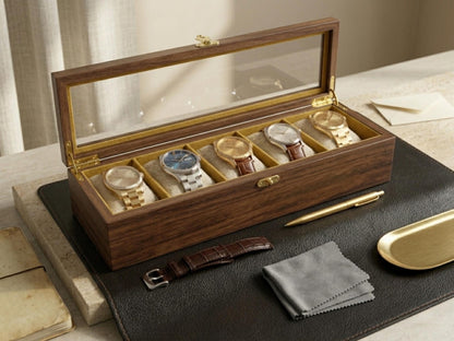 5 Watch Box for Women and Men, Glass Top Display Case, Wooden Watch Holder Storage Organizer Gift