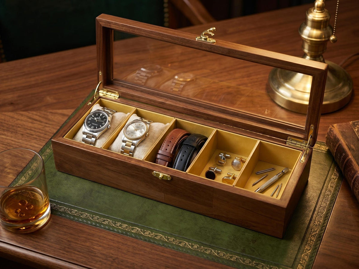 5 Watch Box for Women and Men, Glass Top Display Case, Wooden Watch Holder Storage Organizer Gift
