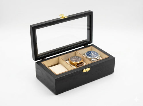 3 Watch Box for Men, Solid Beech Wood Glass Top Holder Case, Personalized Watch Storage Gift for Husband or Dad