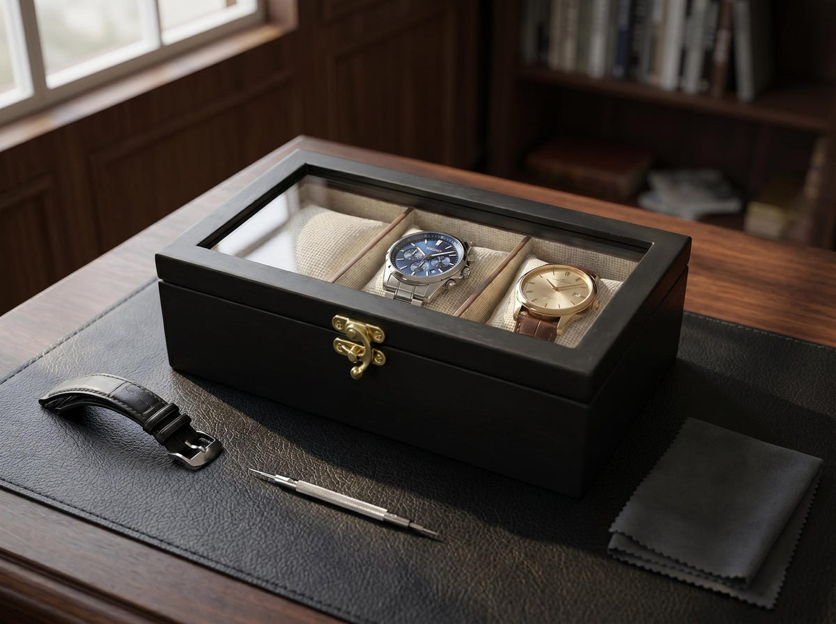 Custom Wood Watch Box with Glass Top - 3, 5 or 10 Slot Compartments, Display Case Storage Organizer Gift for Him