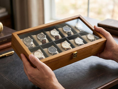 Custom Wood Watch Box with Glass Top - 3, 5 or 10 Slot Compartments, Display Case Storage Organizer Gift for Him