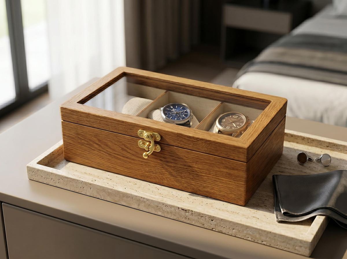 3 Watch Box for Men, Solid Beech Wood Glass Top Holder Case, Personalized Watch Storage Gift for Husband or Dad