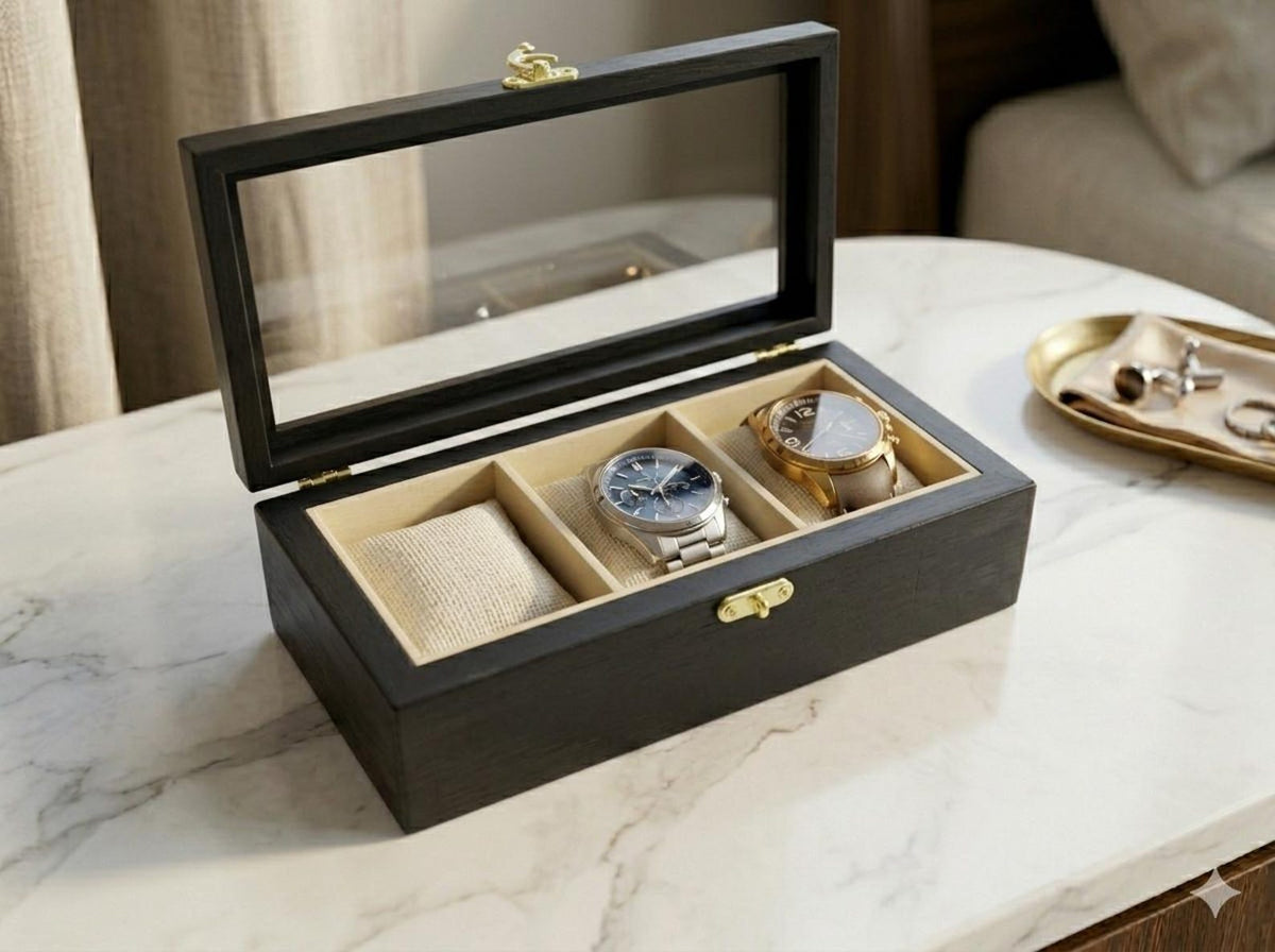 3 Watch Box for Men, Solid Beech Wood Glass Top Holder Case, Personalized Watch Storage Gift for Husband or Dad