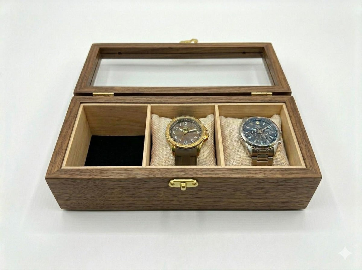 3 Watch Box for Men, Solid Beech Wood Glass Top Holder Case, Personalized Watch Storage Gift for Husband or Dad