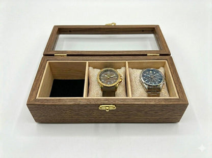 3 Watch Box for Men, Solid Beech Wood Glass Top Holder Case, Personalized Watch Storage Gift for Husband or Dad