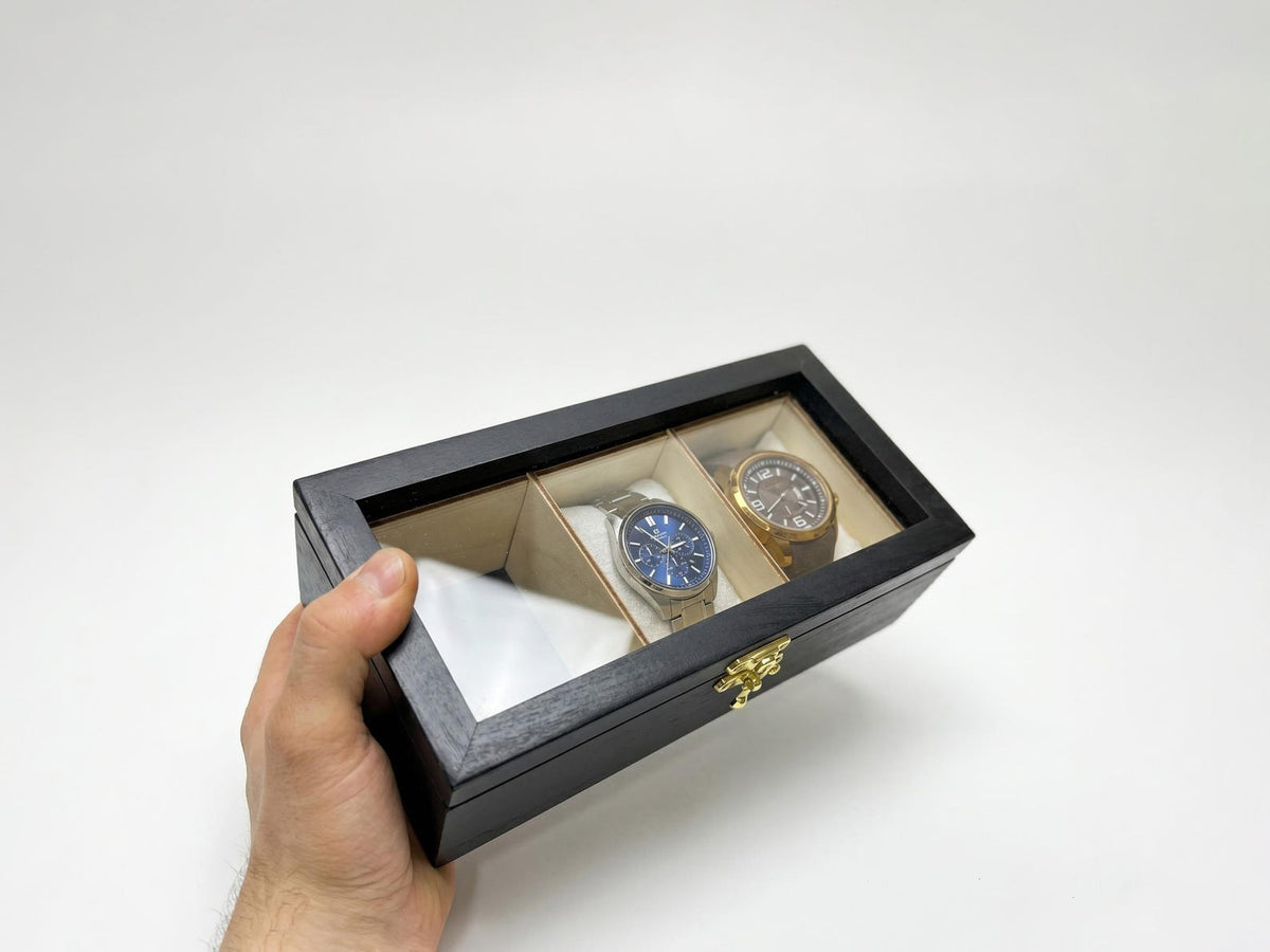 3 Watch Box for Men, Solid Beech Wood Glass Top Holder Case, Personalized Watch Storage Gift for Husband or Dad