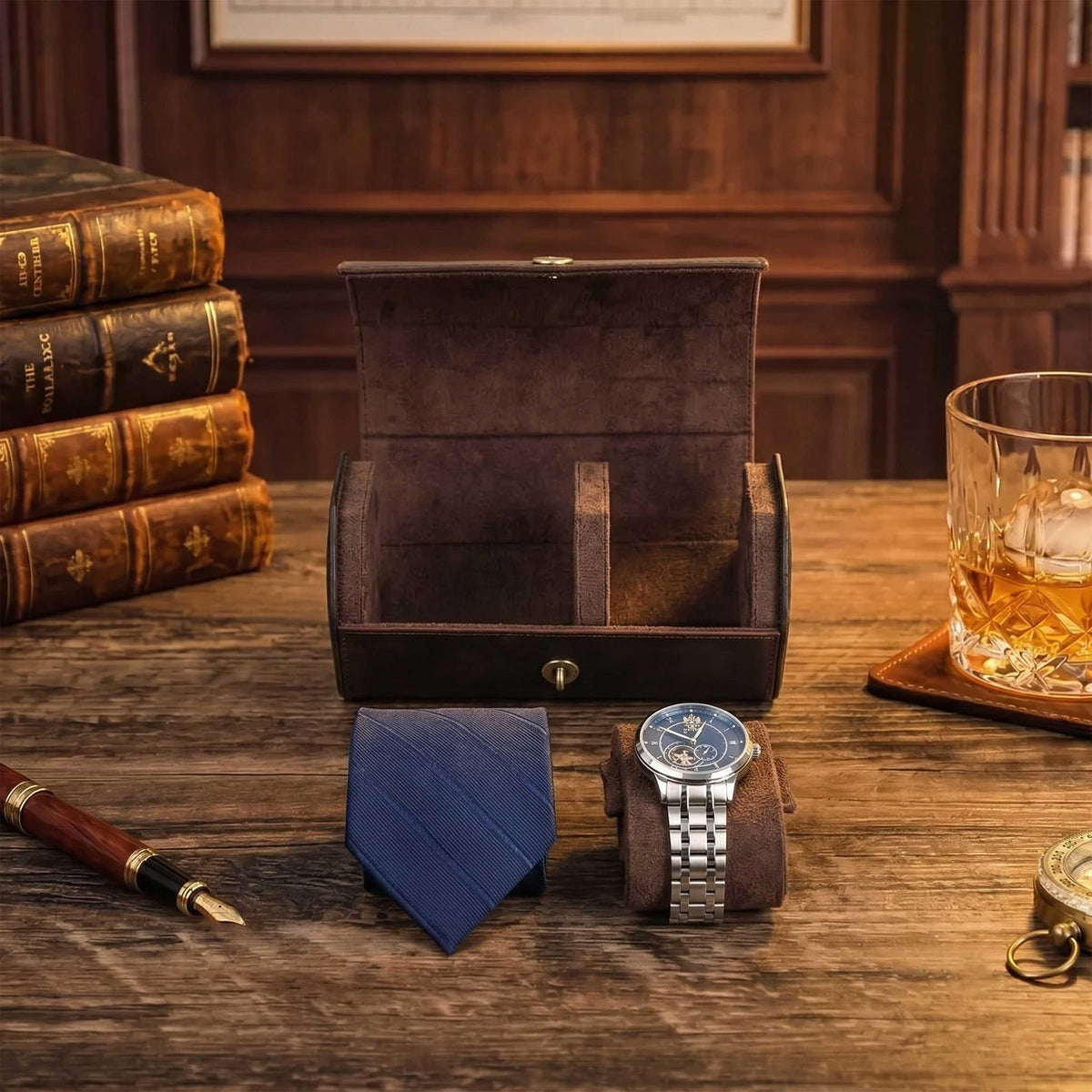 Personalized Vintage Leather Watch Case, Tie Organizer for Men, Custom Travel Watch Roll, Mens Cufflink Storage, Birthday Gift for Husband