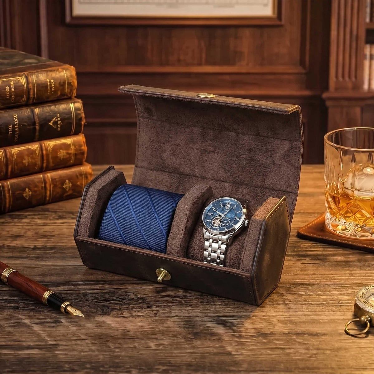 Personalized Vintage Leather Watch Case, Tie Organizer for Men, Custom Travel Watch Roll, Mens Cufflink Storage, Birthday Gift for Husband