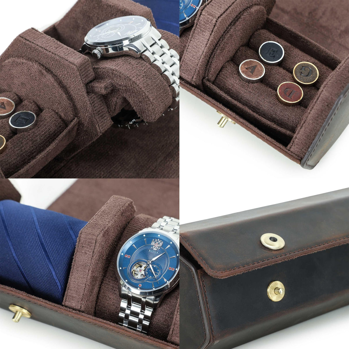 Personalized Vintage Leather Watch Case, Tie Organizer for Men, Custom Travel Watch Roll, Mens Cufflink Storage, Birthday Gift for Husband