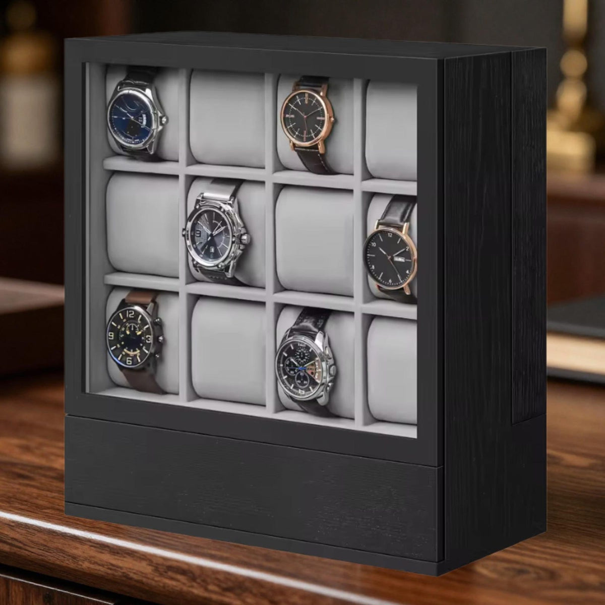 Elegant Vertical Wood 12-Slot Watch Box and Display Gallery Exhibition Storage Case for Watch Collectors, Businesses and Individuals.