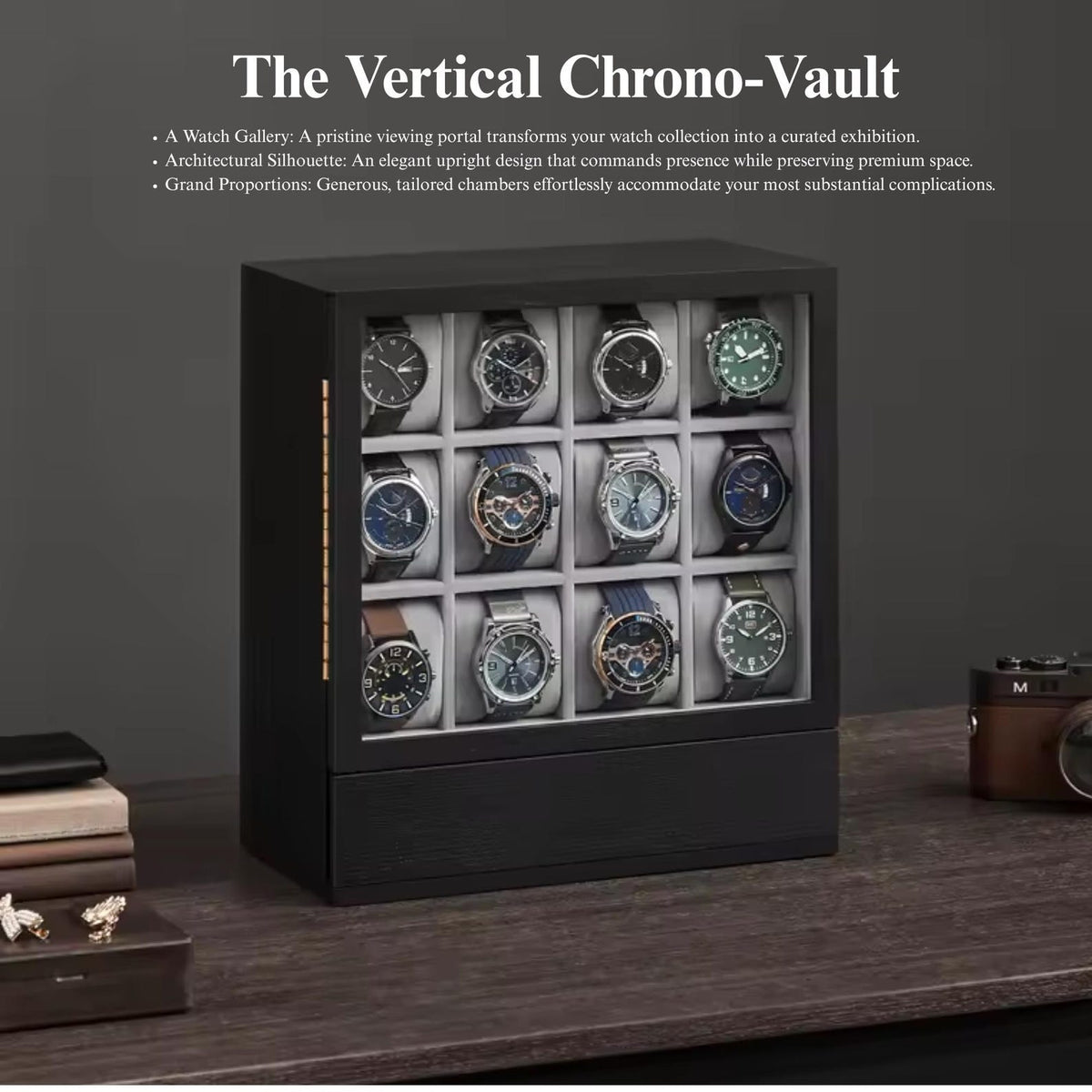 Elegant Vertical Wood 12-Slot Watch Box and Display Gallery Exhibition Storage Case for Watch Collectors, Businesses and Individuals.