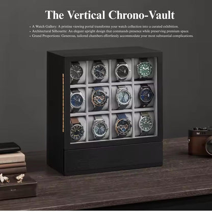Elegant Vertical Wood 12-Slot Watch Box and Display Gallery Exhibition Storage Case for Watch Collectors, Businesses and Individuals.