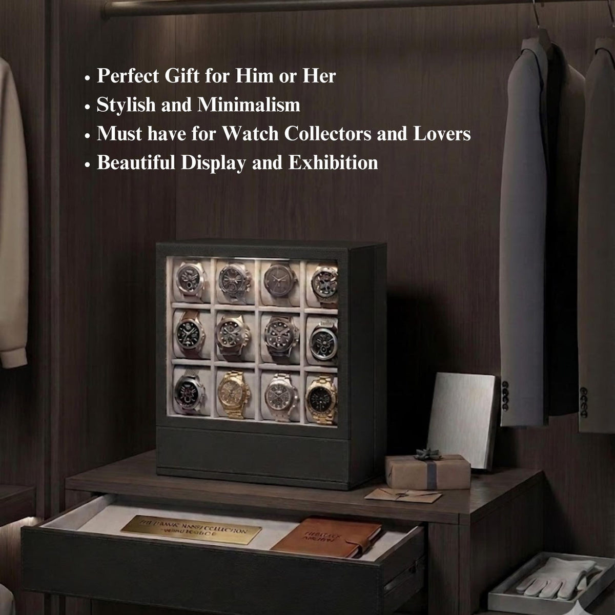 Elegant Vertical Wood 12-Slot Watch Box and Display Gallery Exhibition Storage Case for Watch Collectors, Businesses and Individuals.