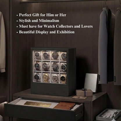 Elegant Vertical Wood 12-Slot Watch Box and Display Gallery Exhibition Storage Case for Watch Collectors, Businesses and Individuals.