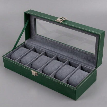 6 Slot Leather Watch Box Organizer, Glass Top Display Storage Case
