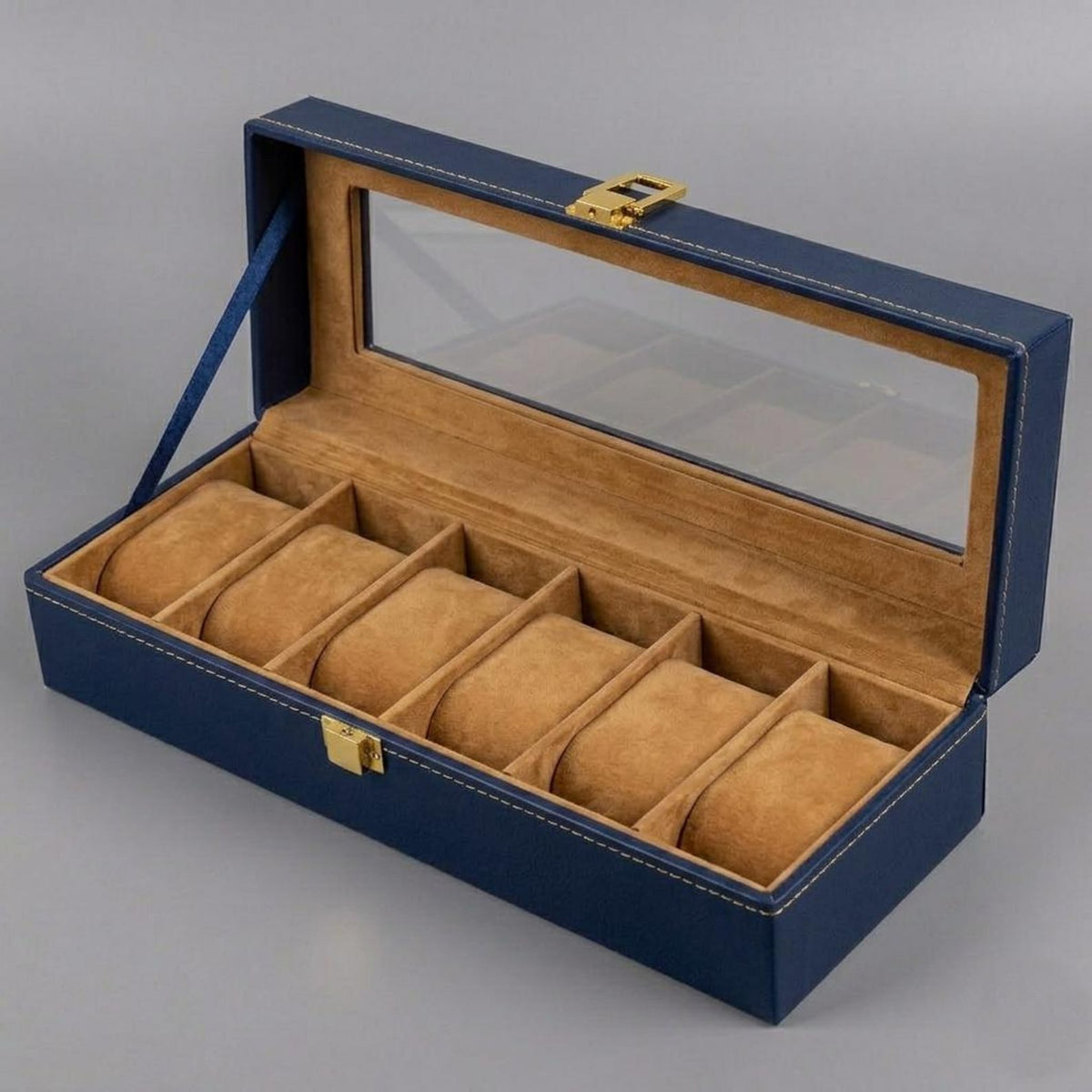 6 Slot Leather Watch Box Organizer, Glass Top Display Storage Case