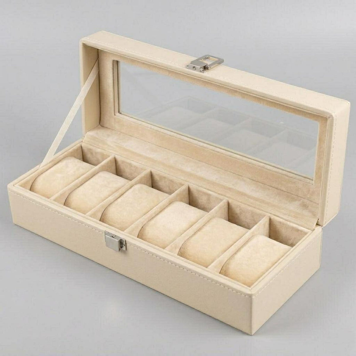 6 Slot Leather Watch Box Organizer, Glass Top Display Storage Case