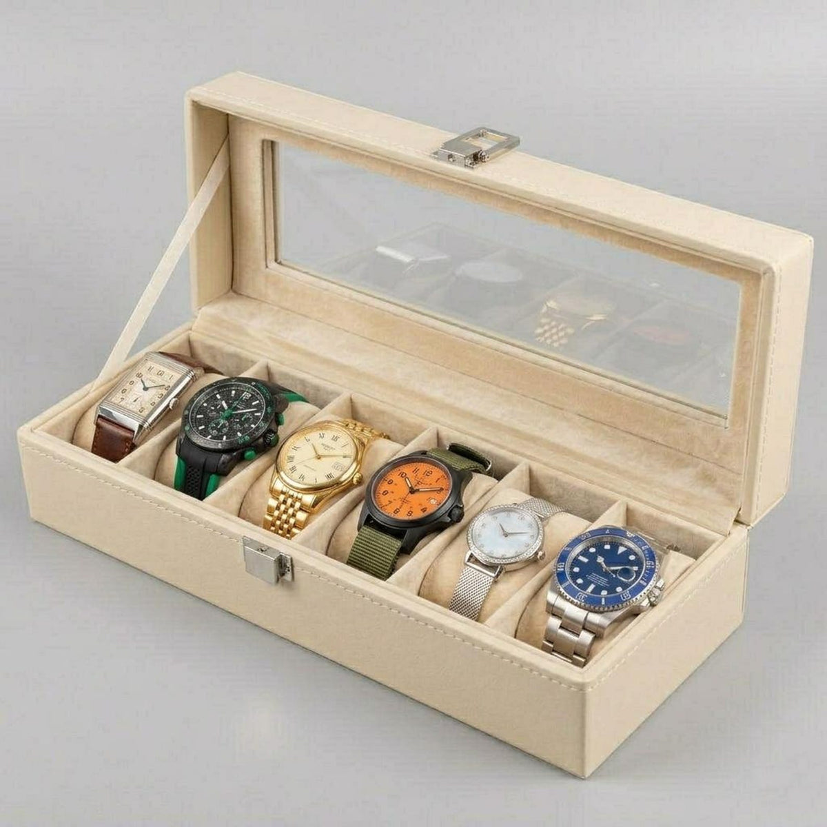 6 Slot Leather Watch Box Organizer, Glass Top Display Storage Case