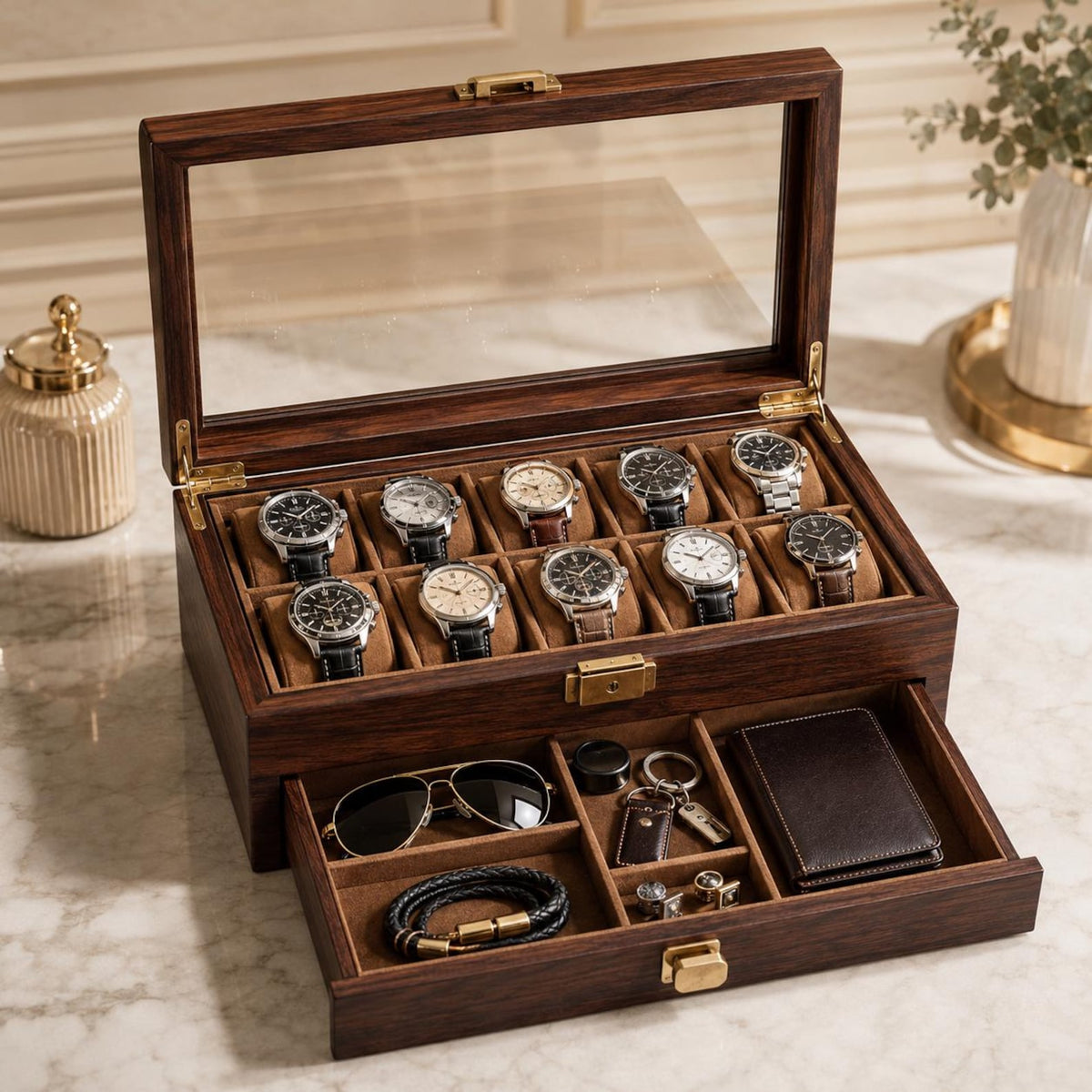 Custom Engraved Watch box | 3 to 36 slot storage box | Handmade Wood Sunglasses, Wrist Watch organizer | Anniversay, Birthday Gift for Men.