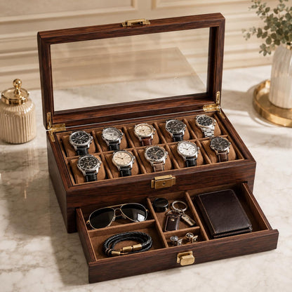Custom Engraved Watch box | 3 to 36 slot storage box | Handmade Wood Sunglasses, Wrist Watch organizer | Anniversay, Birthday Gift for Men.