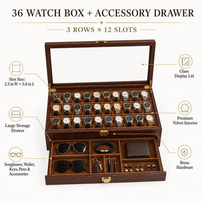 Custom Engraved Watch box | 3 to 36 slot storage box | Handmade Wood Sunglasses, Wrist Watch organizer | Anniversay, Birthday Gift for Men.