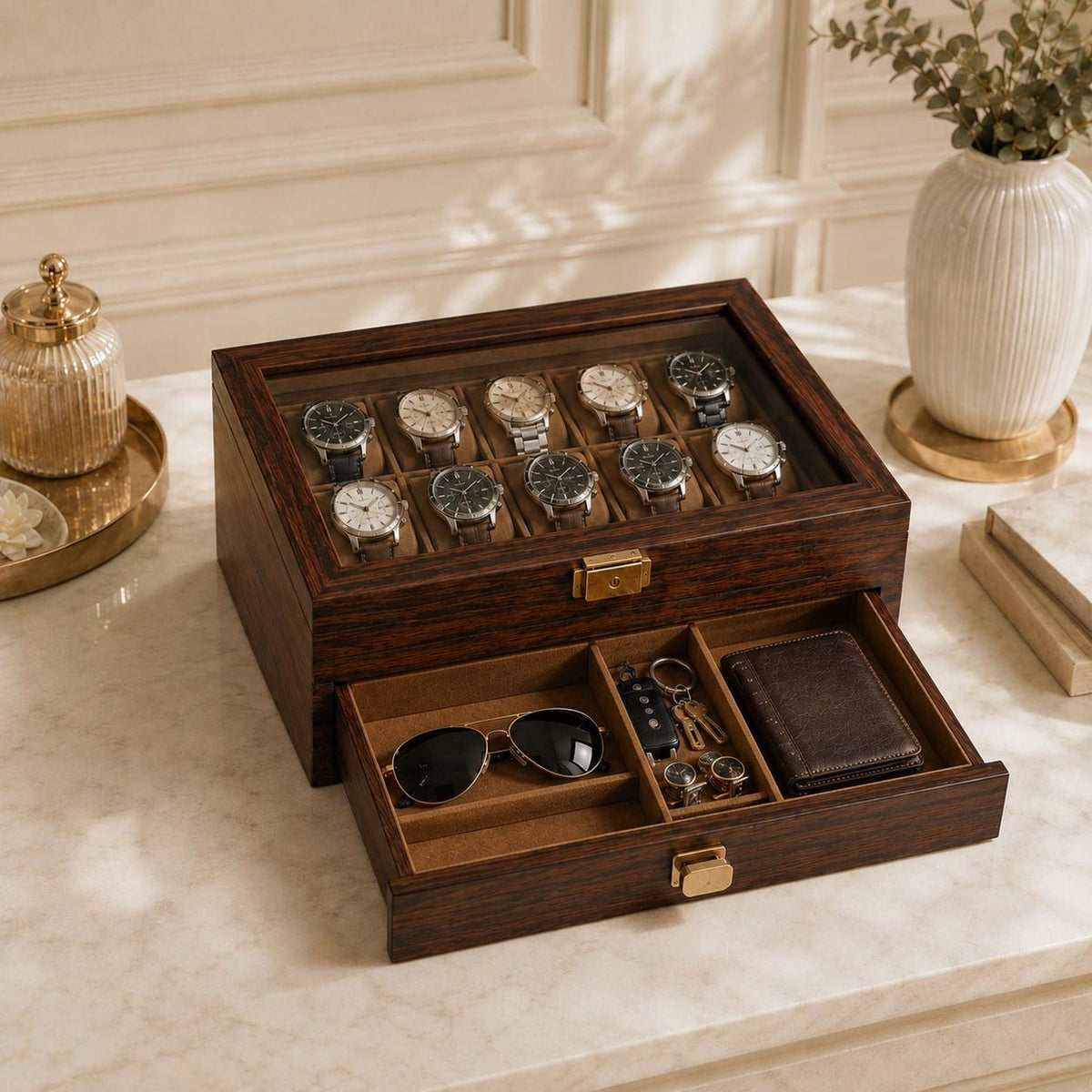 Custom Engraved Watch box | 3 to 36 slot storage box | Handmade Wood Sunglasses, Wrist Watch organizer | Anniversay, Birthday Gift for Men.