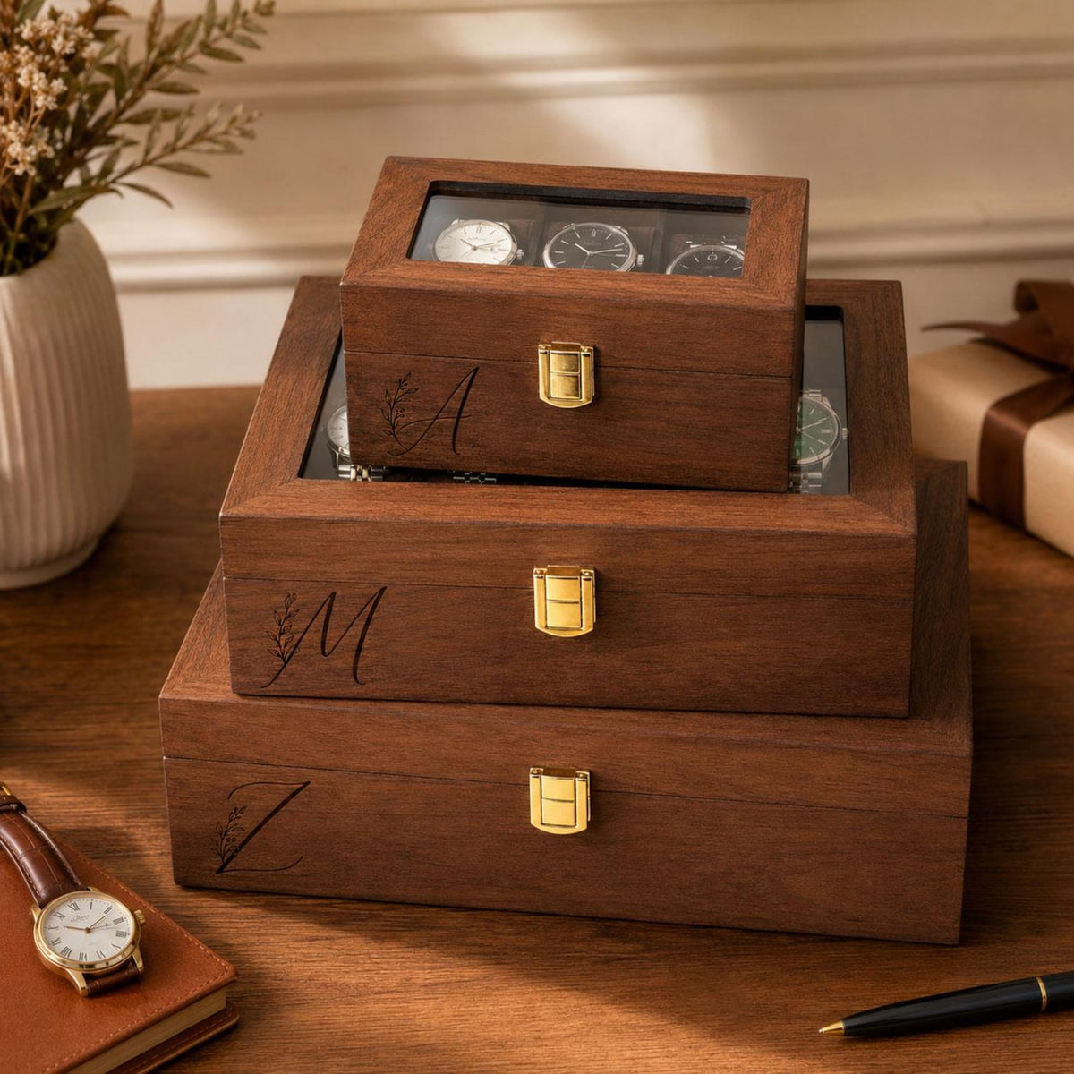 Personalized Wooden Watch Box, Luxury Watch Organizer for Men, Engraved Jewelry Storage Case, Anniversary Gift for Him