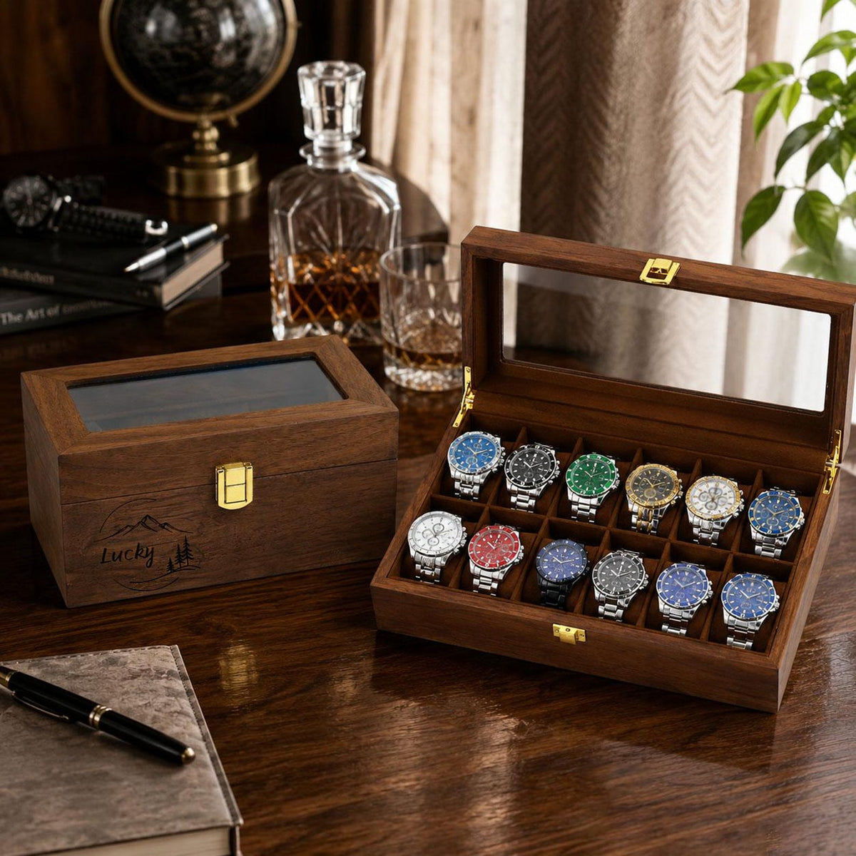 Personalized Wooden Watch Box, Luxury Watch Organizer for Men, Engraved Jewelry Storage Case, Anniversary Gift for Him