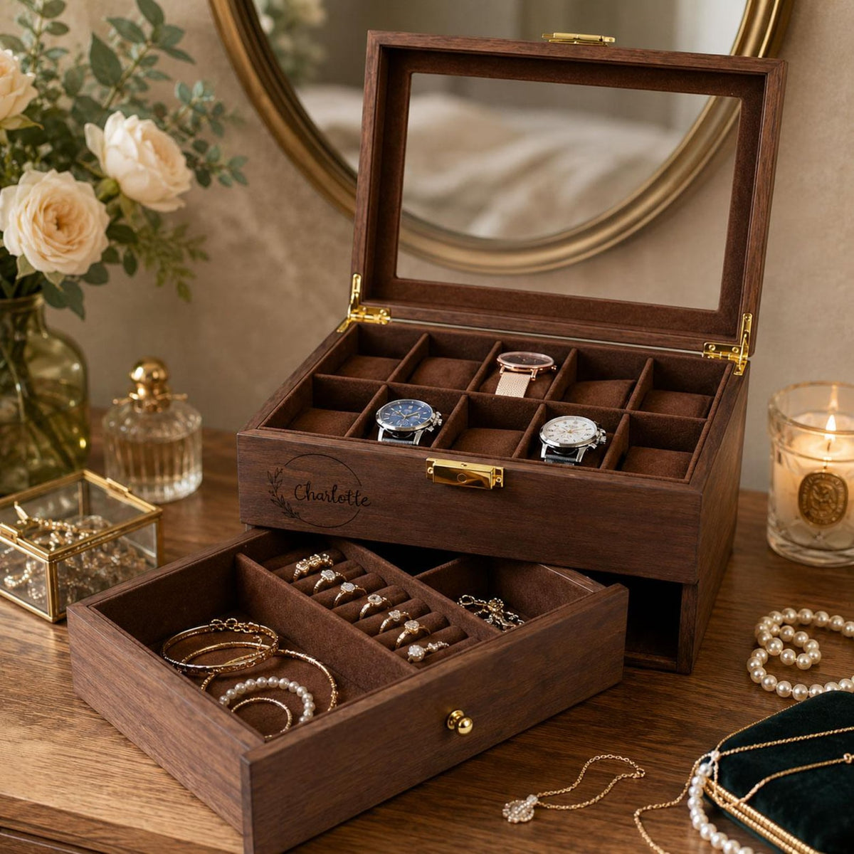 Personalized Wooden Watch Box, Luxury Watch Organizer for Men, Engraved Jewelry Storage Case, Anniversary Gift for Him