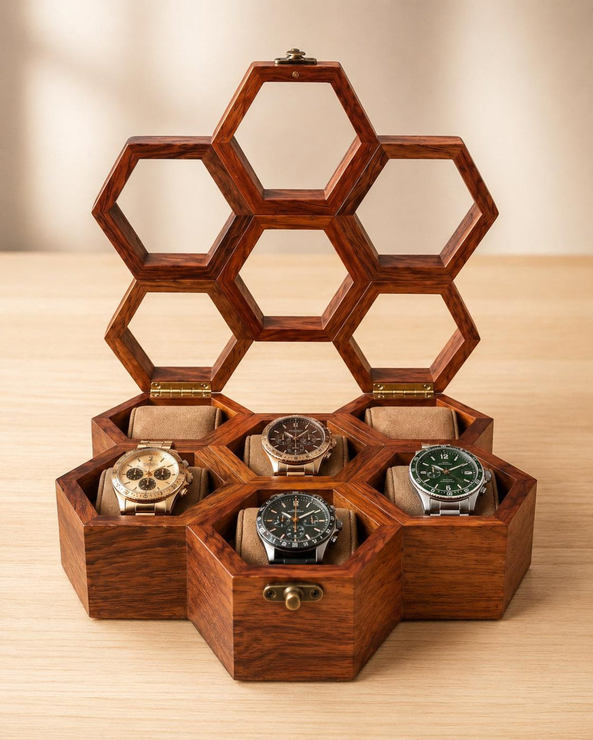 Personalized Rosewood Honeycomb Watch Box, Glass Lid Organizer, Handmade Wood Case