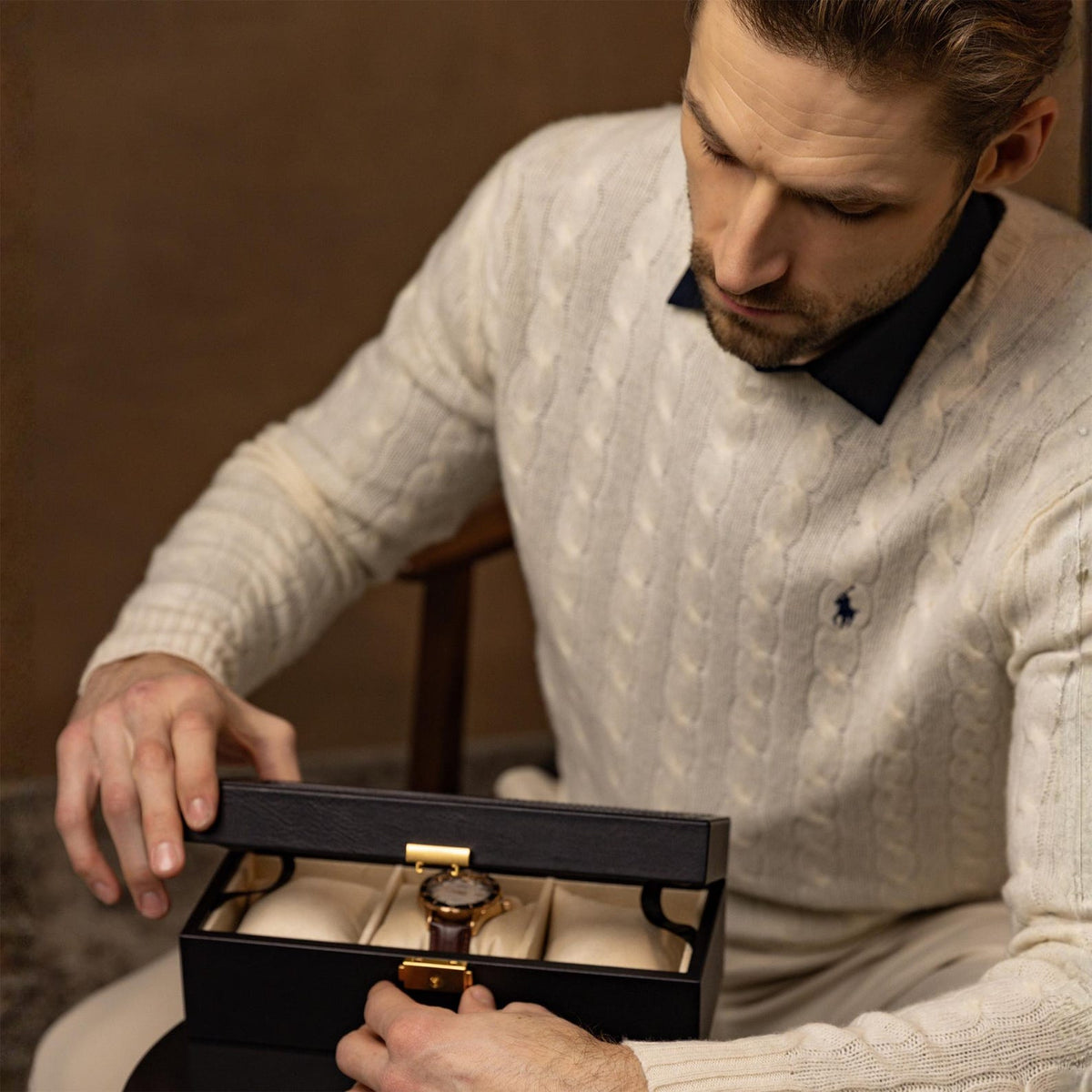 Leather Watch Box, Mens Clear Top Watch Holder, Wristwatch Storage Box, Personalized Watch Organizer with 3 Slots, Anniversary Gift for Men
