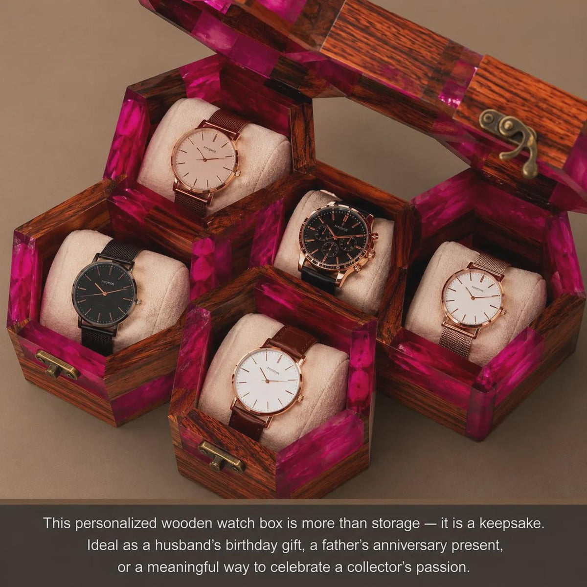Handmade Pink Resin Watch Holder, Luxury Rosewood Gift for Him