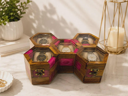 Handmade Pink Resin Watch Holder, Luxury Rosewood Gift for Him