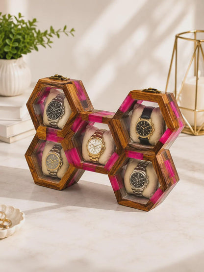 Handmade Pink Resin Watch Holder, Luxury Rosewood Gift for Him