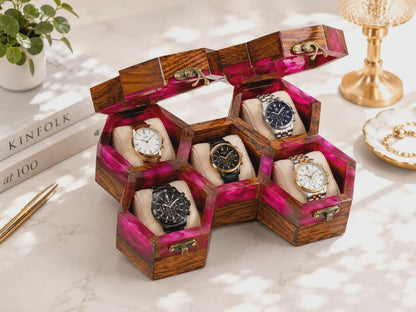 Handmade Pink Resin Watch Holder, Luxury Rosewood Gift for Him
