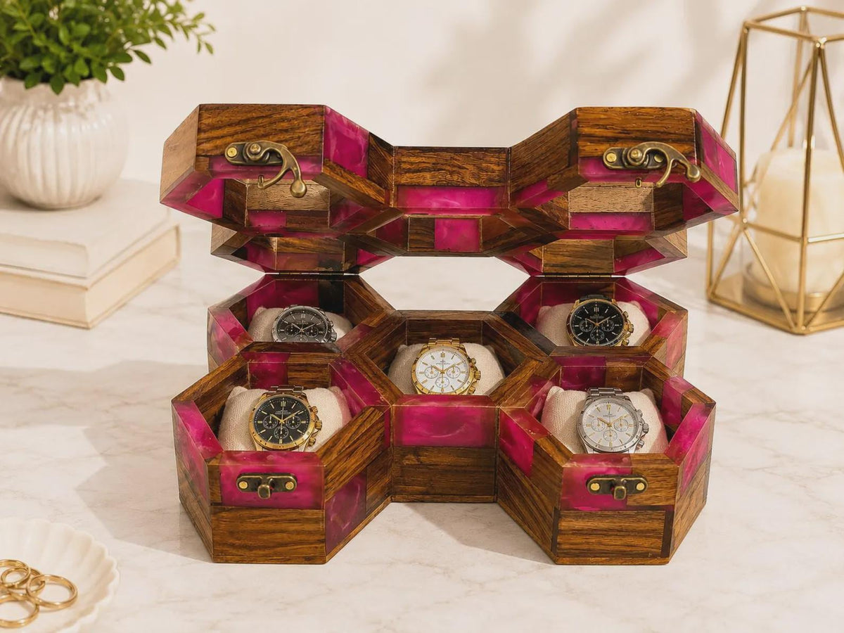 Handmade Pink Resin Watch Holder, Luxury Rosewood Gift for Him