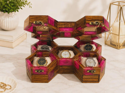 Handmade Pink Resin Watch Holder, Luxury Rosewood Gift for Him