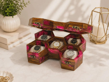 Handmade Pink Resin Watch Holder, Luxury Rosewood Gift for Him