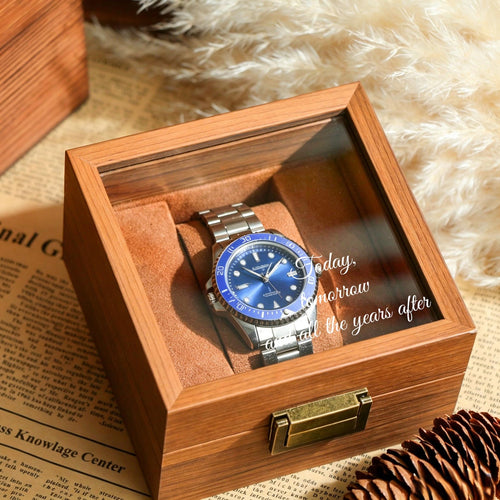 Personalized Wooden Watch Box, Engraved Glass Display Case for Men, Single Watch Holder Storage, Anniversary Gift for Husband
