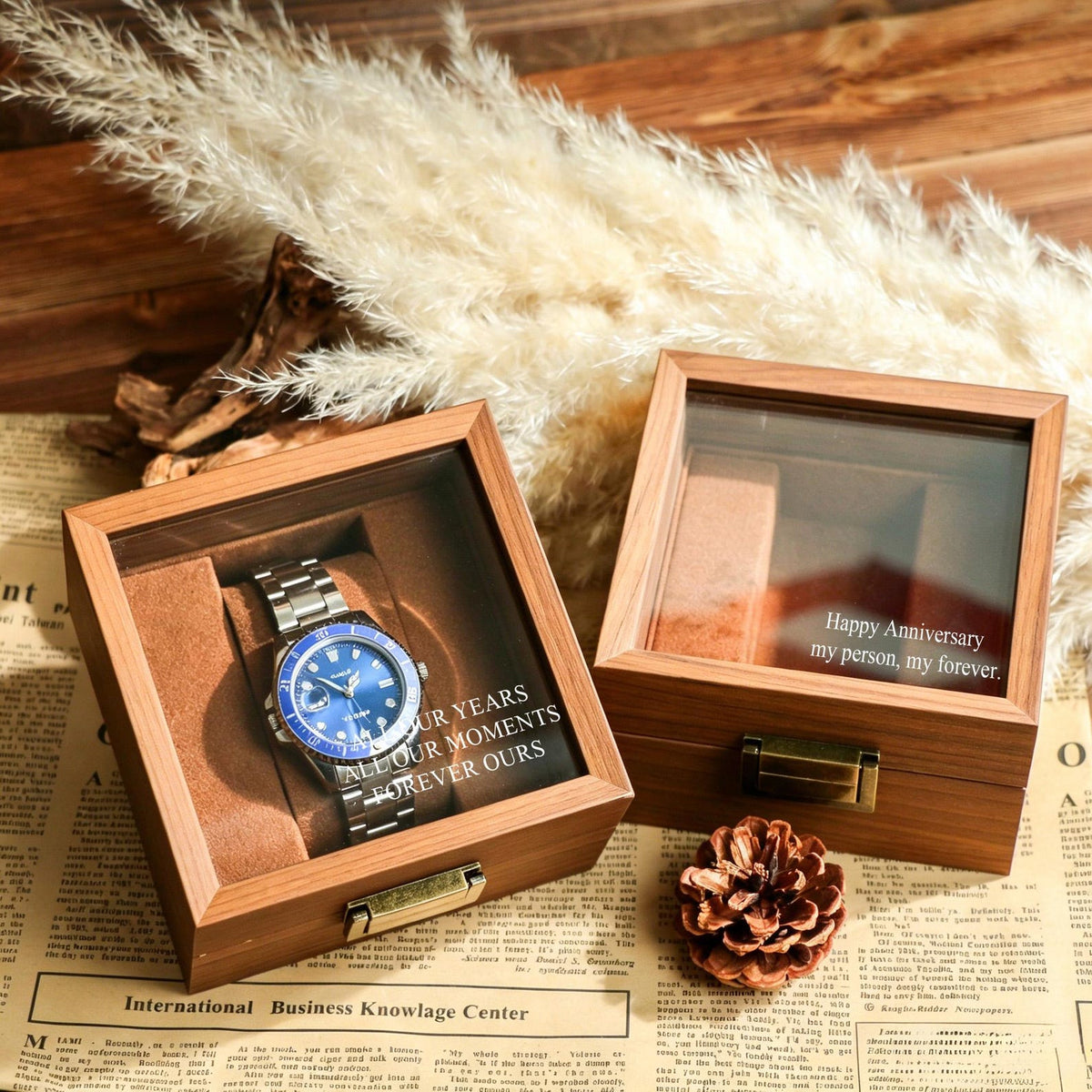 Personalized Wooden Watch Box, Engraved Glass Display Case for Men, Single Watch Holder Storage, Anniversary Gift for Husband