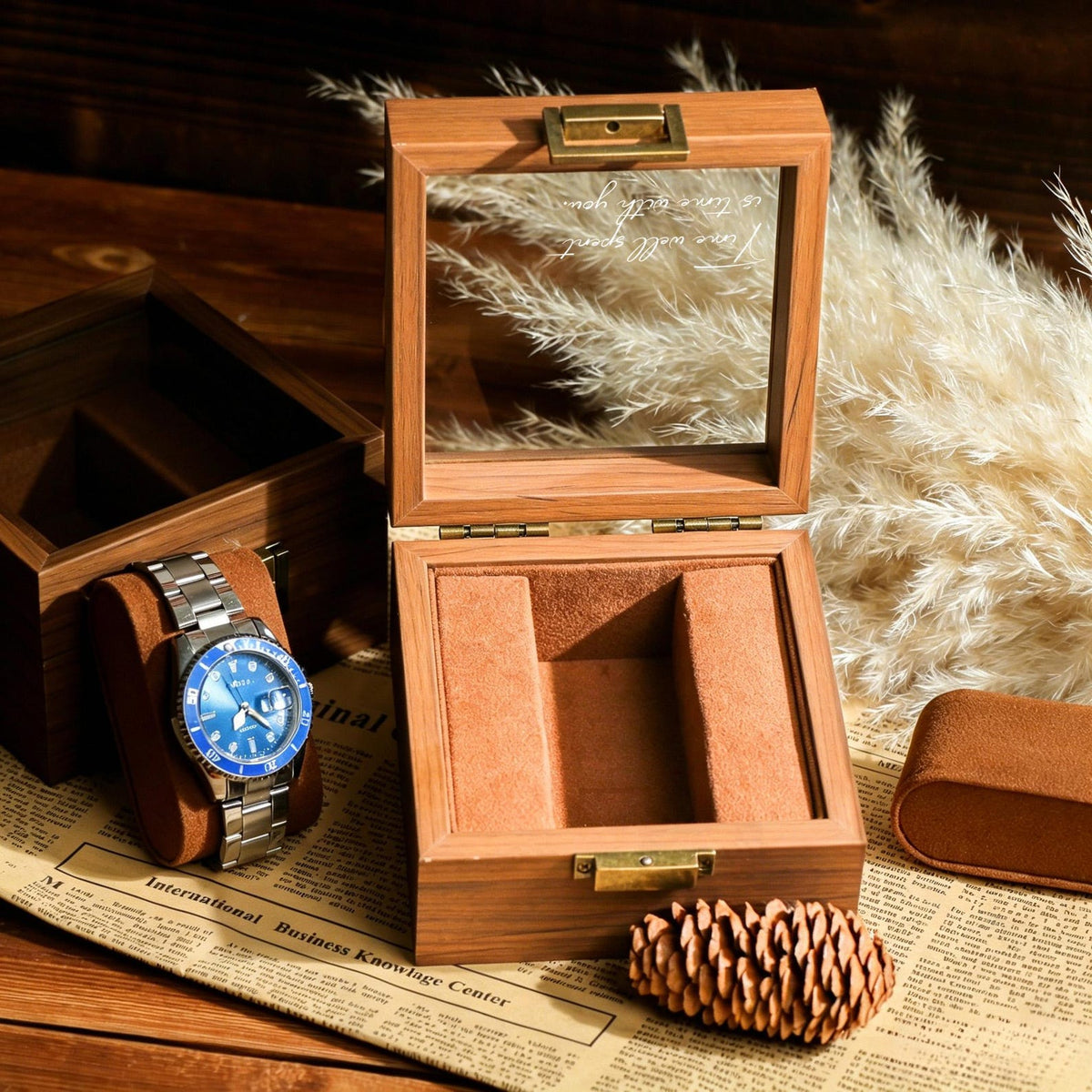 Personalized Wooden Watch Box, Engraved Glass Display Case for Men, Single Watch Holder Storage, Anniversary Gift for Husband