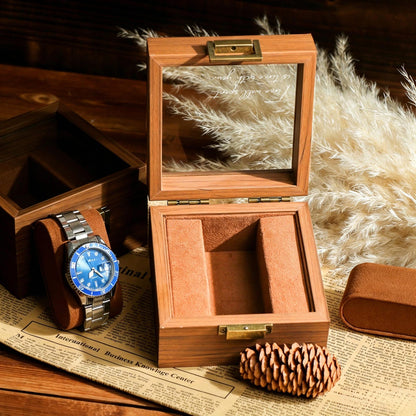 Personalized Wooden Watch Box, Engraved Glass Display Case for Men, Single Watch Holder Storage, Anniversary Gift for Husband