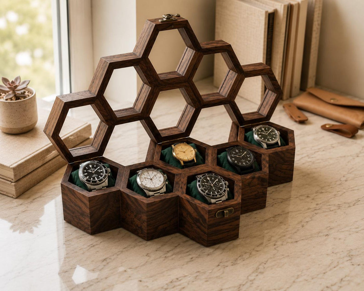 Personalized Honeycomb Watch Box, Indian Rosewood watch Display Case, Engraved Gift