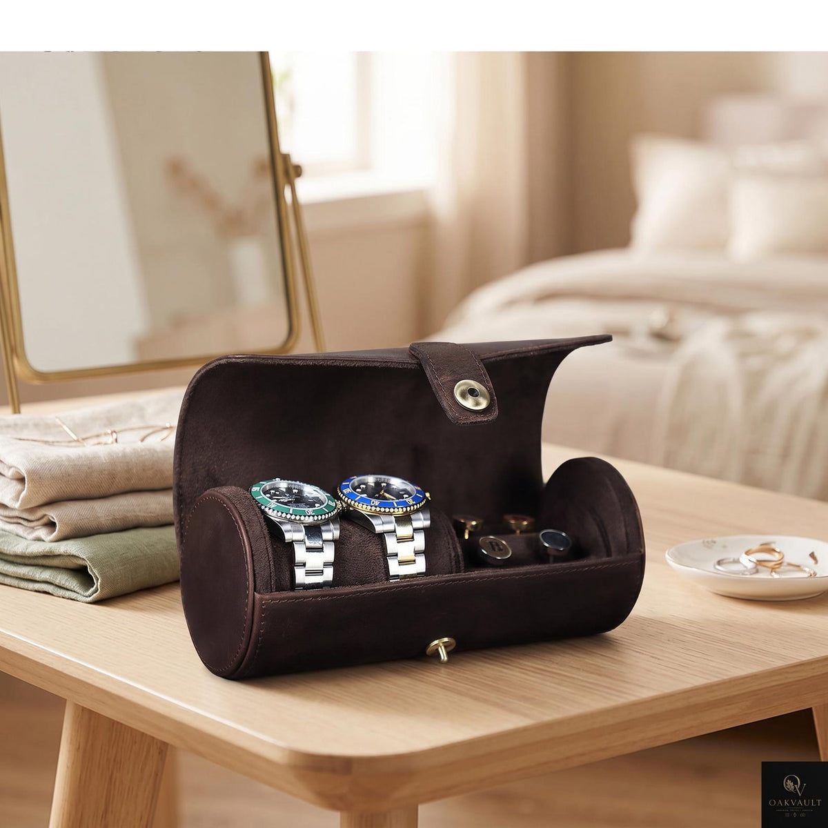 Leather Watch Roll Organizer, Luxury Travel Jewelry Storage Case