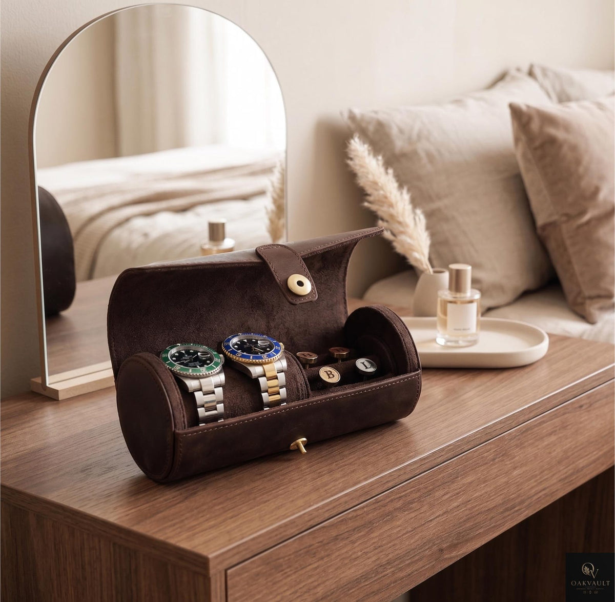 Leather Watch Roll Organizer, Luxury Travel Jewelry Storage Case