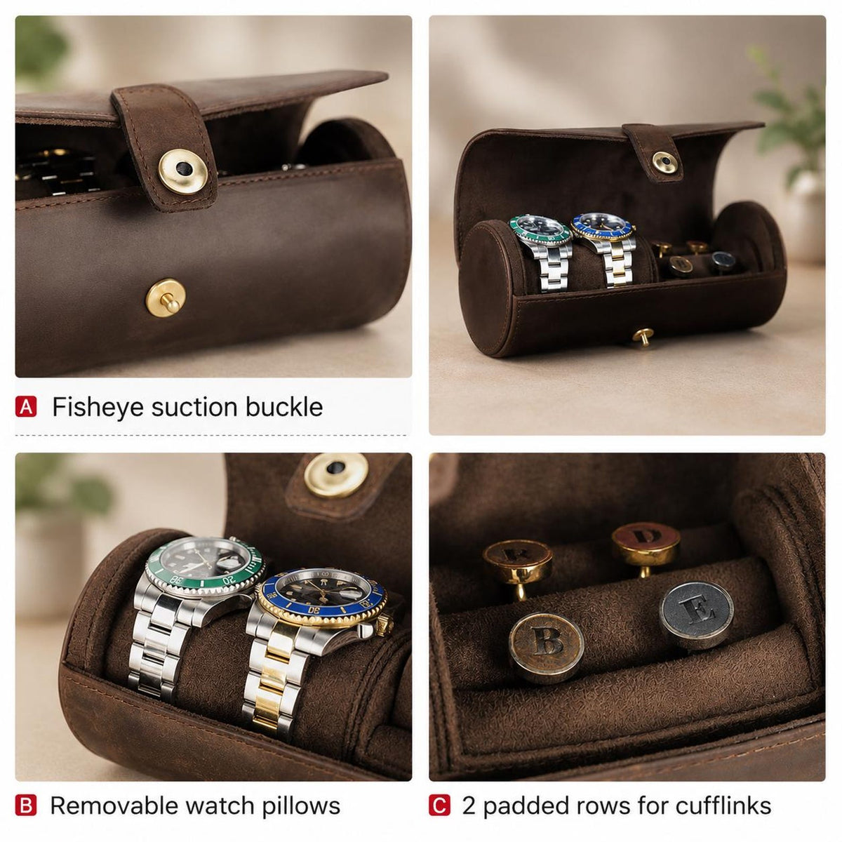 Leather Watch Roll Organizer, Luxury Travel Jewelry Storage Case