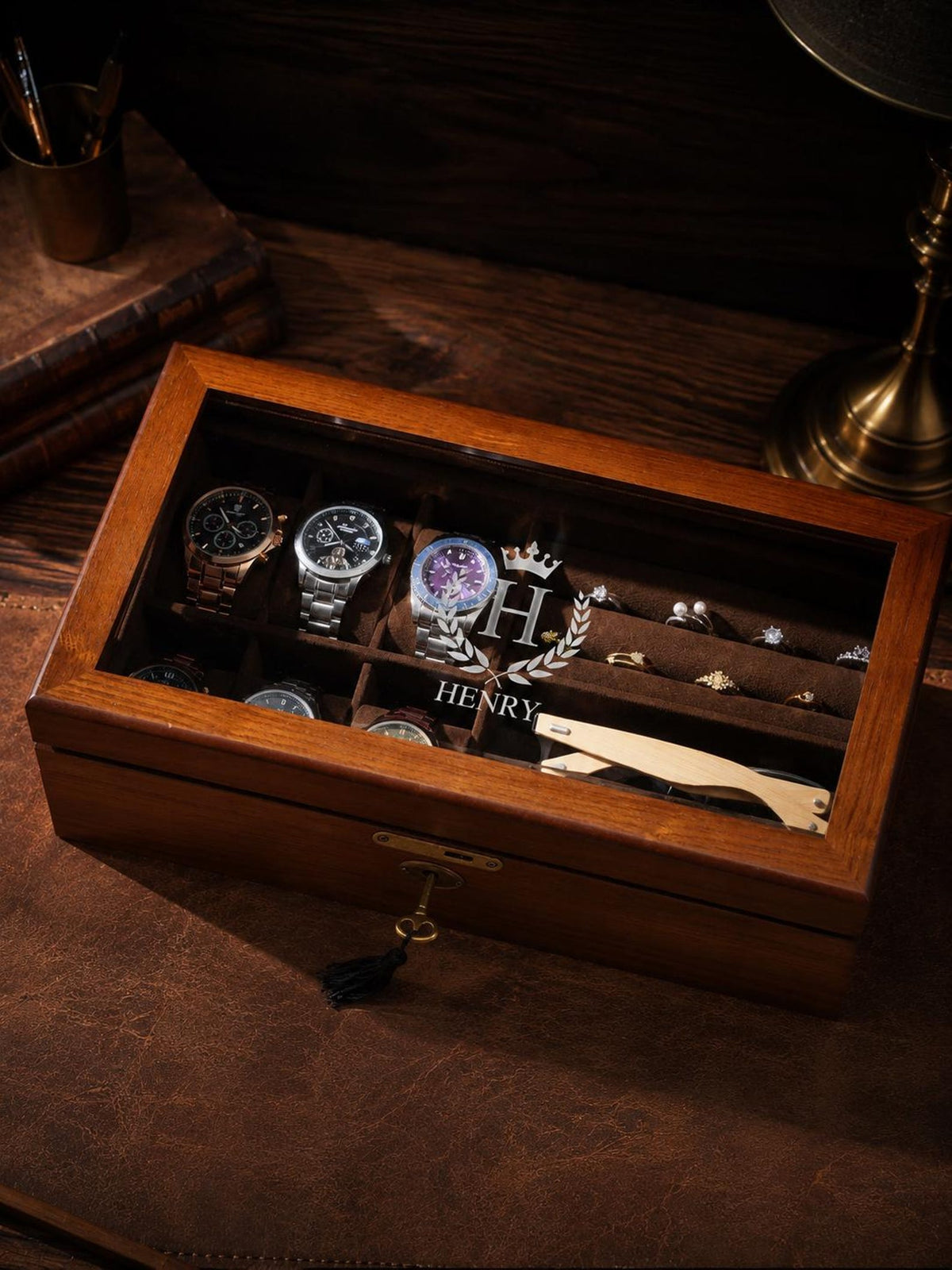 Personalized Wooden Jewelry - Watch Box with Lock, Multi-Layer Organizer for Men & Women, Ring Eyeglasses Storage, Custom Monogram Gift