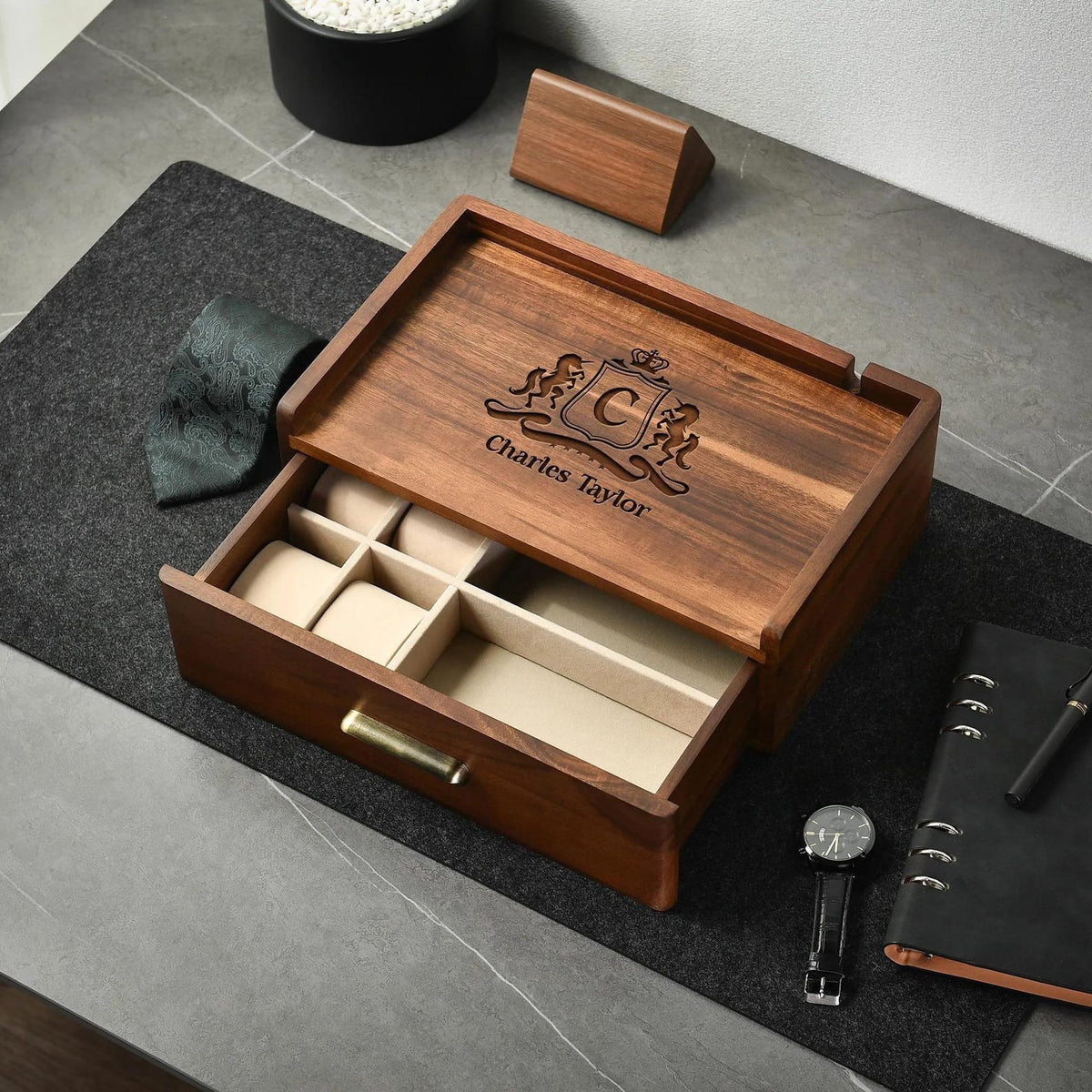Custom Dresser Organizer for Son Graduation Gift Wooden Accessory Storage Tray Personalized Watch Valet Box Adult Milestone
