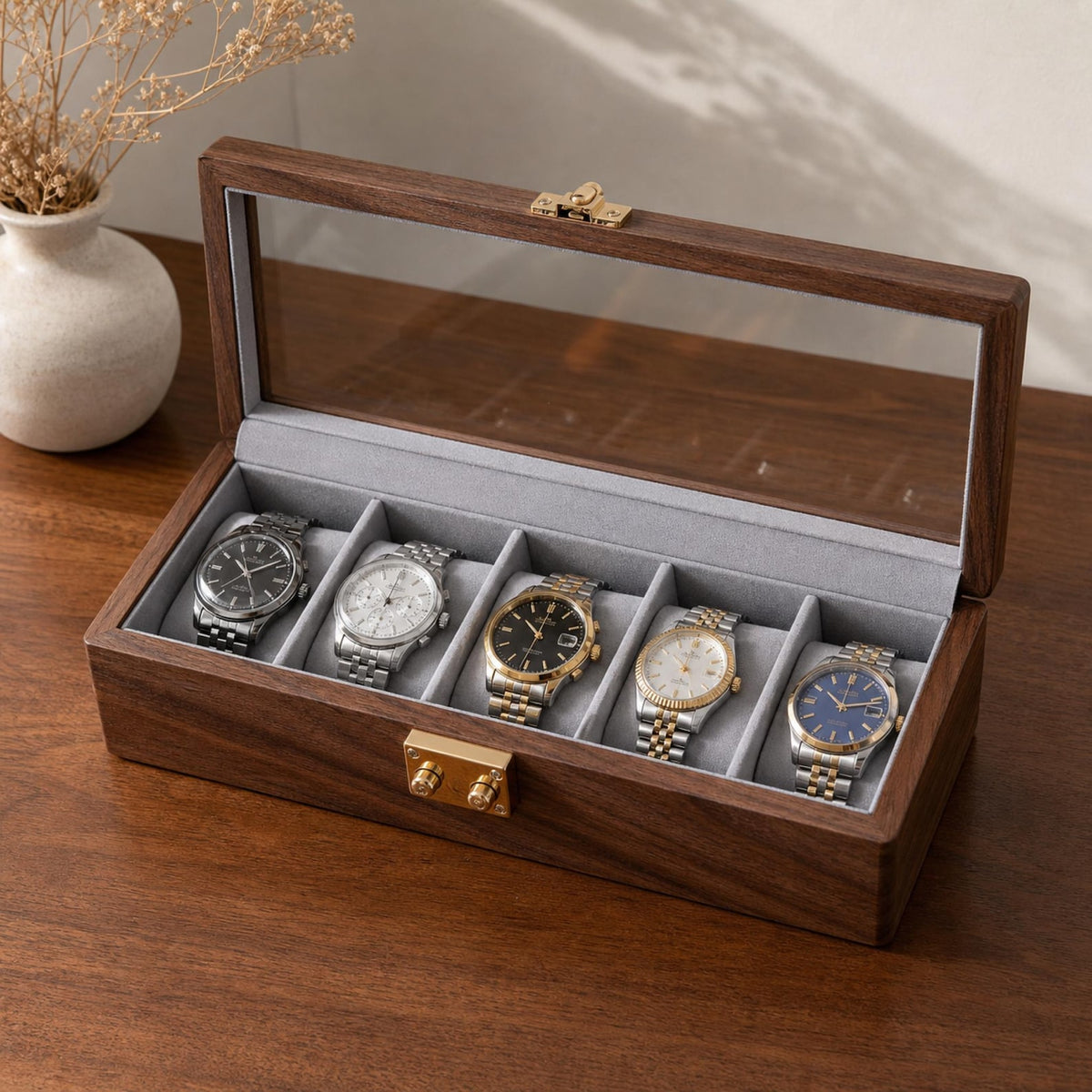 Unique Walnut Wood Jewelry Box Functional Storage Vintage Father Gift Watch Case Container
